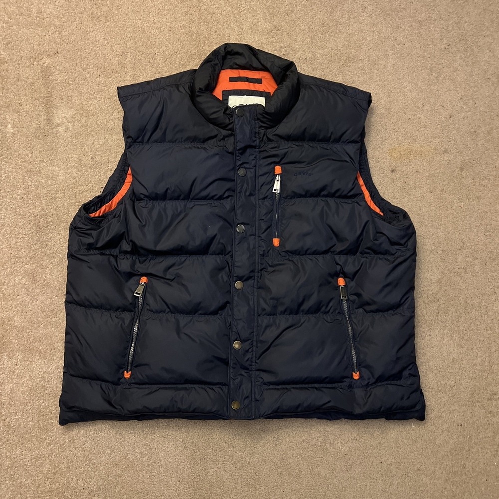 Orvis Puffer Down Vest Mens 2XL Classic Collection Navy Blue Orange Lining